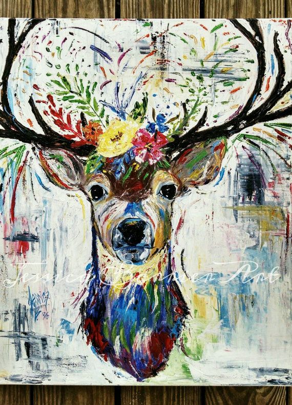 570x791 20x24 Original Abstract Deer Painting Paintings - Colorful Deer Painting