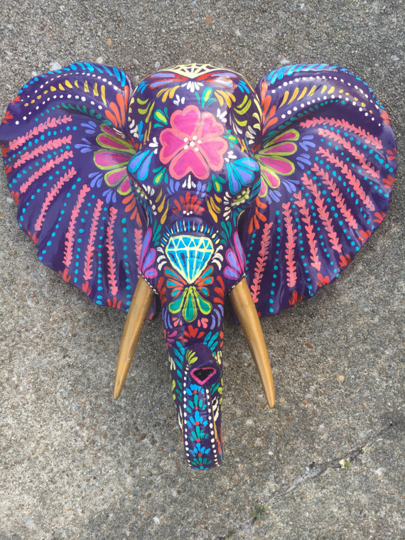 570x760 Painted Elephant Wall Sculpture - Colorful Elephant Head Painting