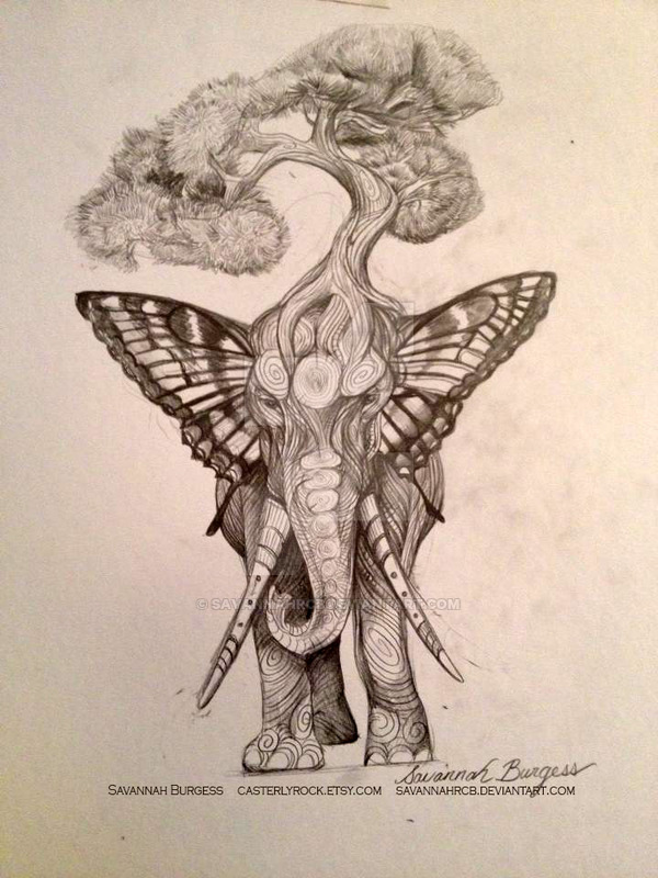 600x800 Unique Tree On Elephant Head Tattoo Design By Savannah Burgess - Colorful Elephant Head Painting