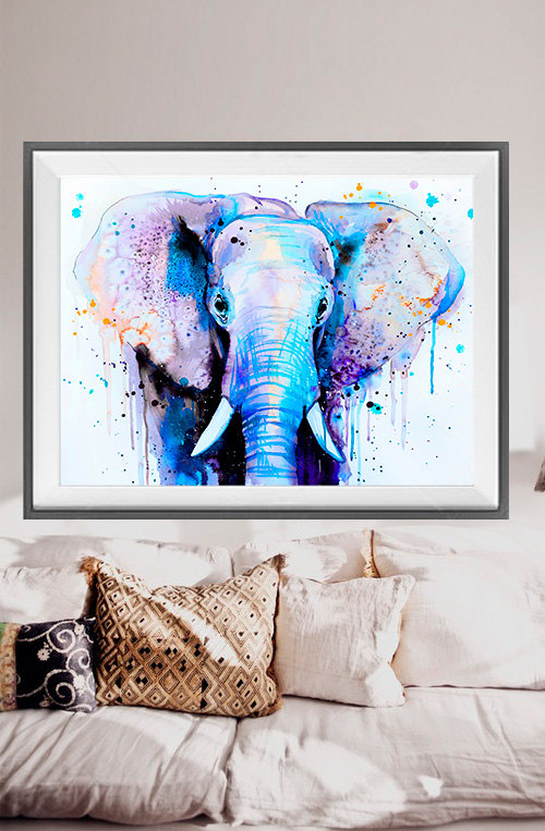 500x763 Blue Elephant Head Watercolor Painting Print - Colorful Elephant Head Painting
