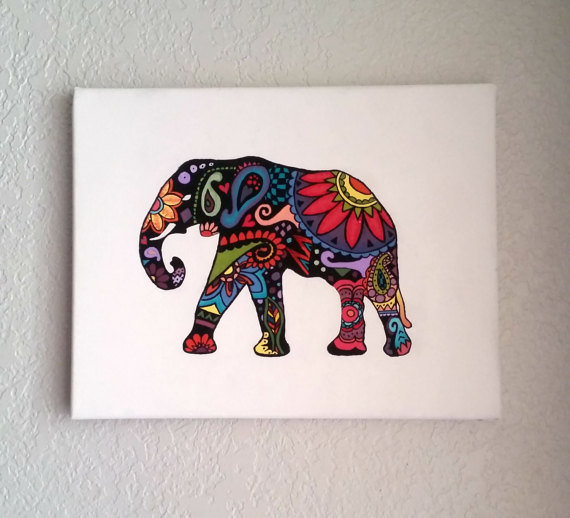 570x518 Hand Painted Canvas Colorful Elephant Tribal Print - Colorful Elephant Painting On Canvas