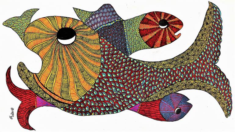 770x434 Saatchi Art Original Hand Made Gond Painting Showcasing Colorful - Colorful Fish Painting
