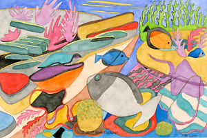 300x200 Underwater Scene Original Abstract Watercolor Painting Colorful - Colorful Fish Painting