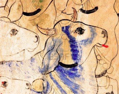 400x317 India, Udaipur Fresco On A Wall Colorful Goats Painting Stock - Colorful Goat Painting