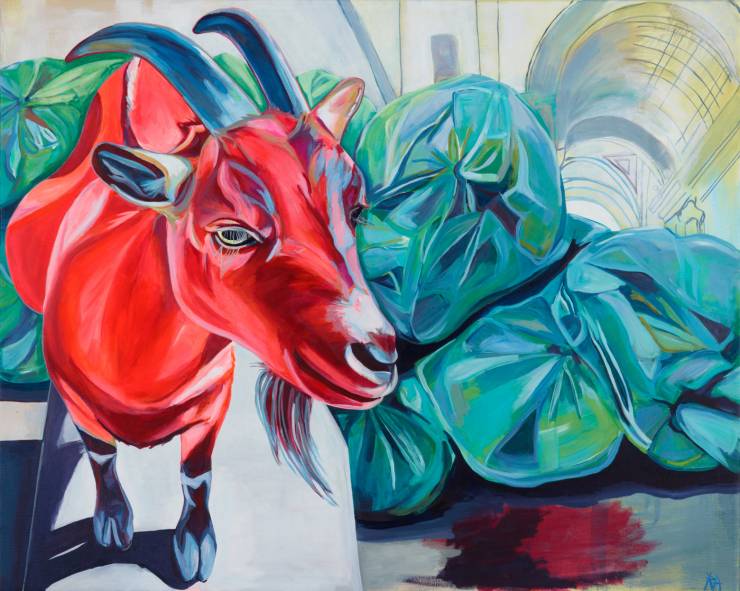 740x591 Orange Goat Tube Plasticbags Rikke Line Andreasen Beauton Art - Colorful Goat Painting