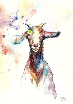 236x334 Colorful Goat Art Print From Painting Farm Animals Primary Colors - Colorful Goat Painting