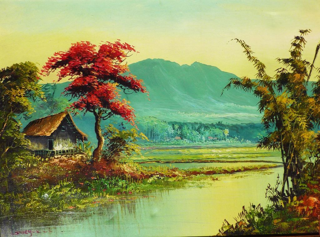 1024x759 Colorful Landscape Oil Painting Of Tropical Asian Scene Possibly - Colorful Landscape Painting
