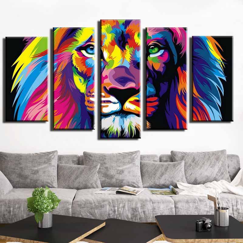 800x800 Colorful Lion Painting 5 Panel Canvas - Colorful Lion Painting