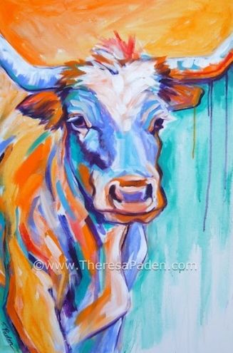 327x495 Expressionistic Colorful Longhorn Cow Painting By Theresa Paden - Colorful Longhorn Painting