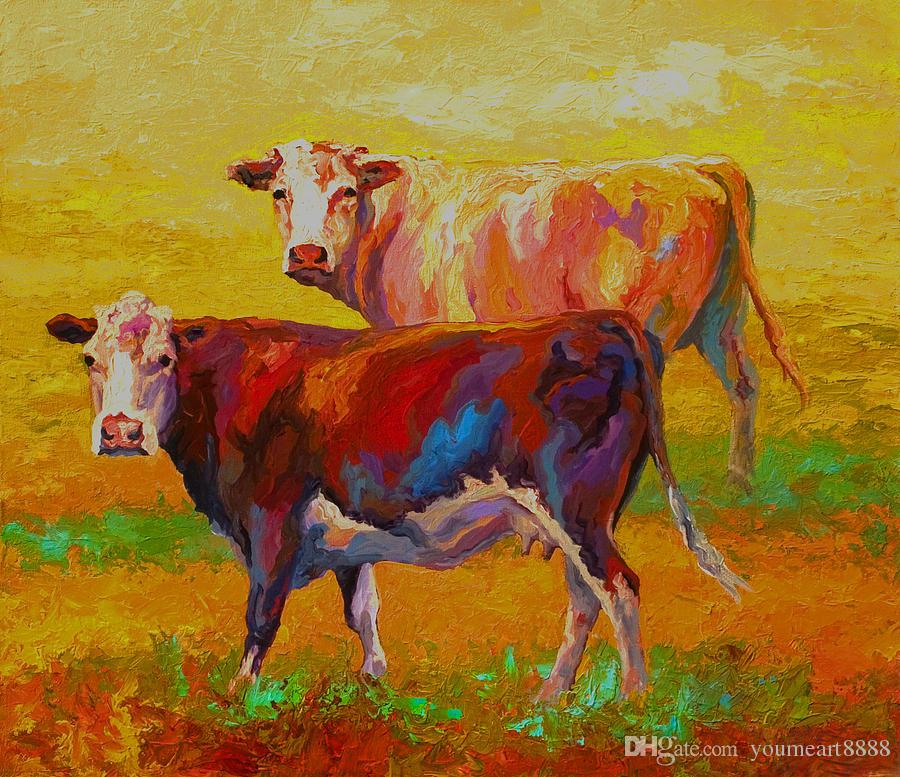 900x777 Best Giclee Two Cows Color Study Oil Painting Arts And Canvas Wall - Colorful Longhorn Painting