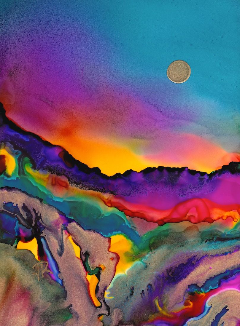 809x1100 Colorful Sunset Mountain Painting By June Rollins Alcohol Ink - Colorful Mountain Painting