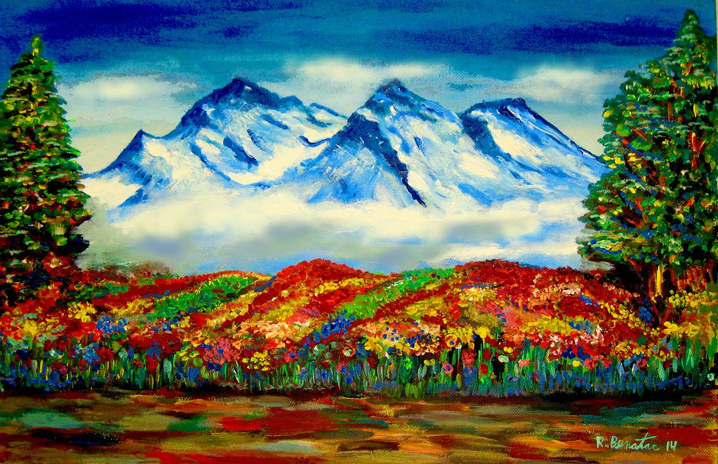 1472x952 How To Paint Snowy Mountain Blooming Spring Flowers Acrylic - Colorful Mountain Painting