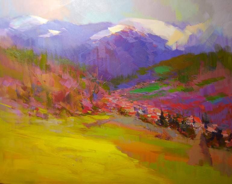 770x609 Landscape Painting Colorful Spring In Mountains (Sold) Resim - Colorful Mountain Painting