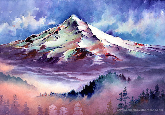 570x399 Mt. Hood, Oregon Watercolor Painting Print By Michael David - Colorful Mountain Painting