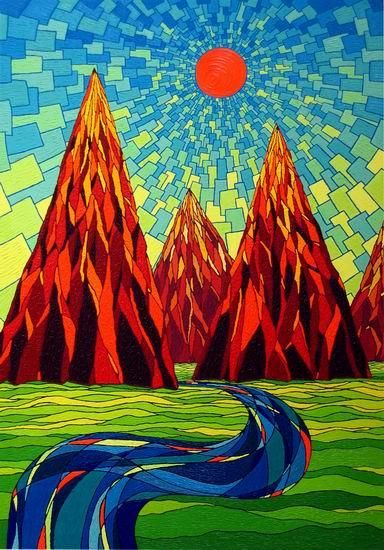 384x550 Sun, Mountains, And River (Punit Vaidya) - Colorful Mountain Painting