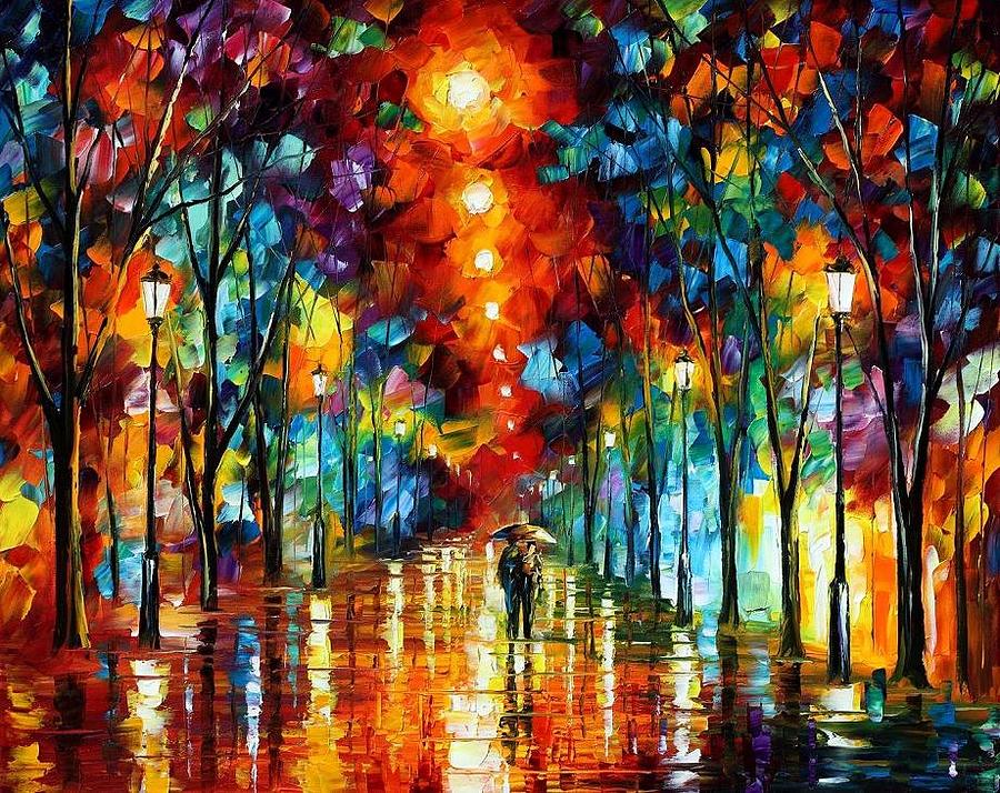 900x714 Night Park Painting By Leonid Afremov - Colorful Night Painting