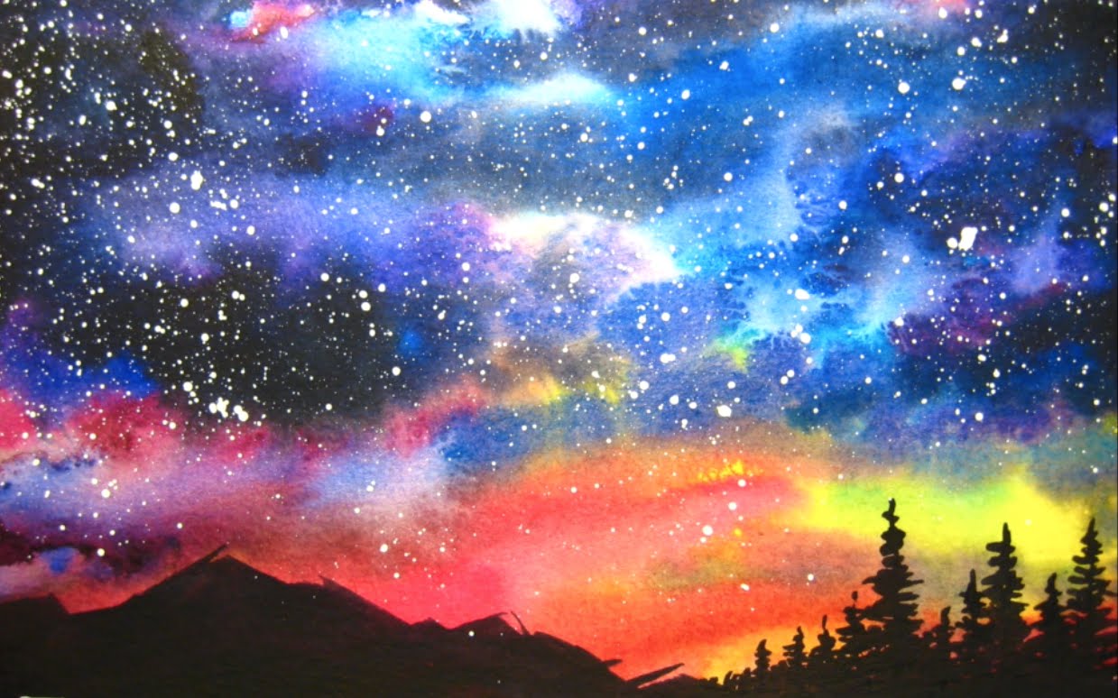 1239x774 Watercolor Starry Night Sky Speed Painting - Colorful Night Painting