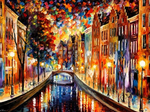 640x477 Beautiful Painting Home Decor Amsterdam Night Canal Colorful Oil - Colorful Night Painting