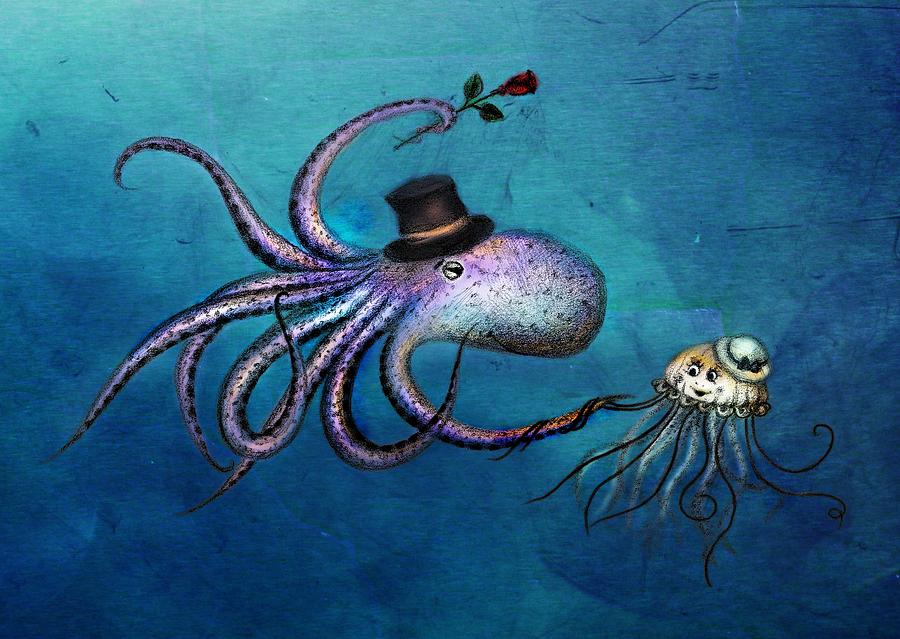 900x639 Underwater Love Octopus Jellyfish Digital Art By Anna Shell - Colorful Octopus Painting