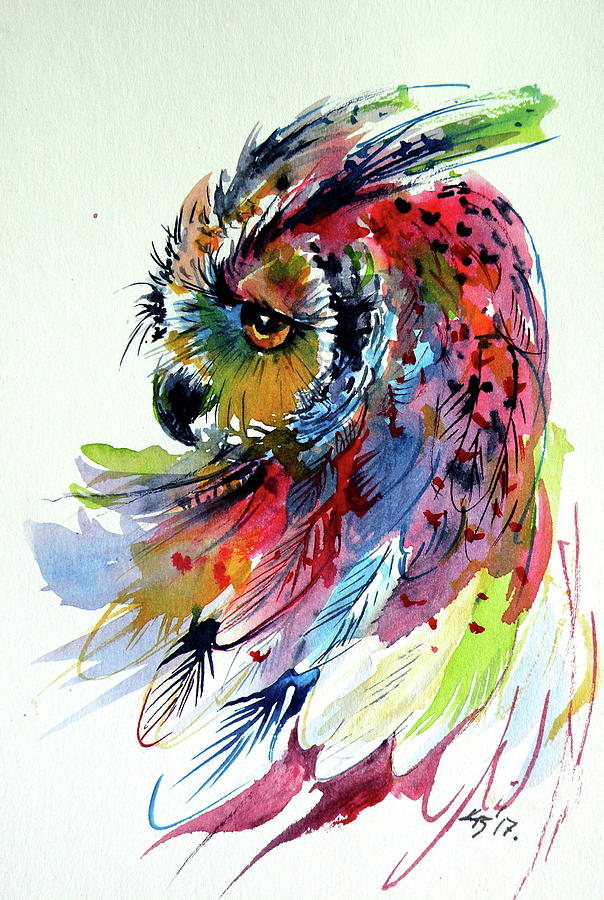 604x900 Cute Colorful Owl Painting By Kovacs Anna Brigitta - Colorful Owl Painting