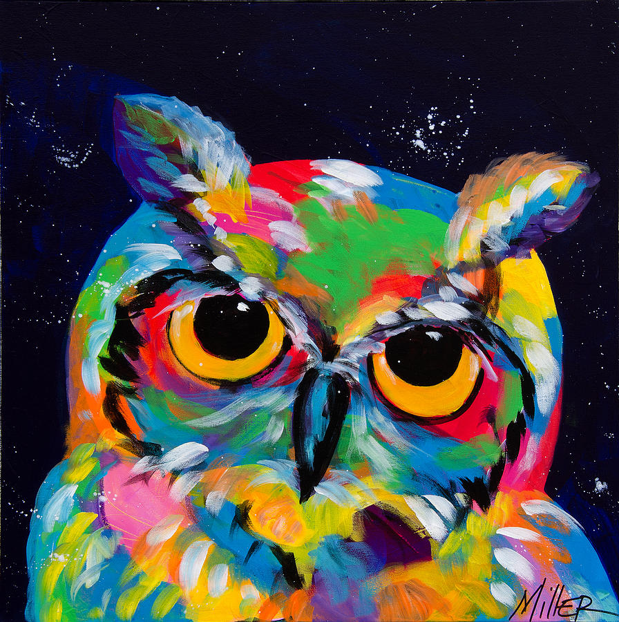 896x900 Midnight Owl Painting By Tracy Miller - Colorful Owl Painting