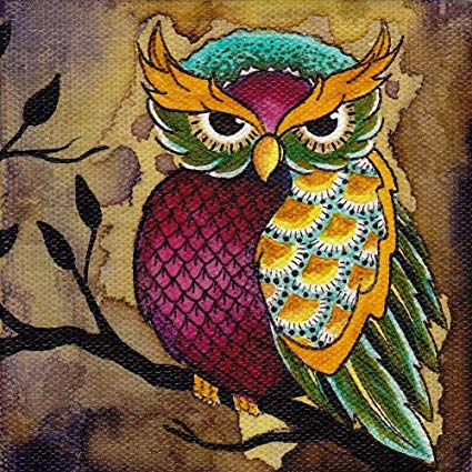 425x425 Colorful Owl On Tree Branch By Brittany Morgan Tattoo - Colorful Owl Painting
