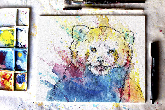 570x380 Red Panda Painting Original Painting Animal Canvas Art - Colorful Panda Painting