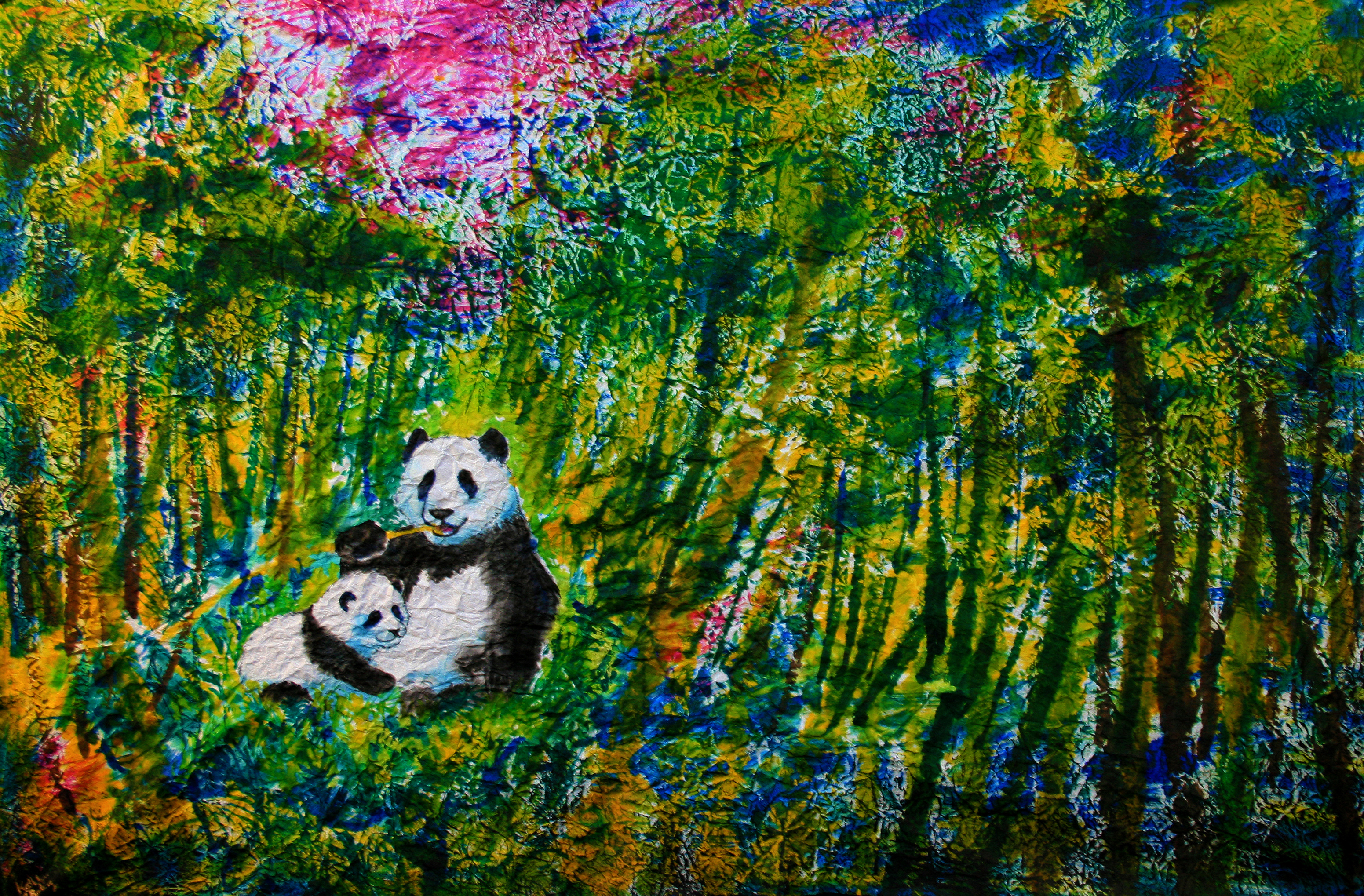 3102x2038 Rice Paper Pandas Kathleen Roling Iowa Chalk Artist - Colorful Panda Painting