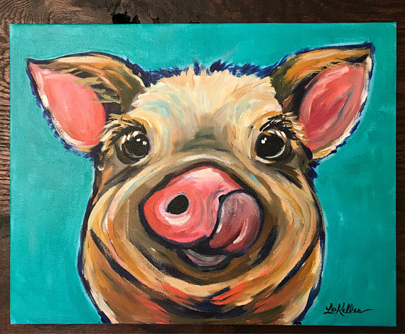 570x471 Colorful Pig Painting On Canvas Original Pig Art Canvas Pig - Colorful Pig Painting