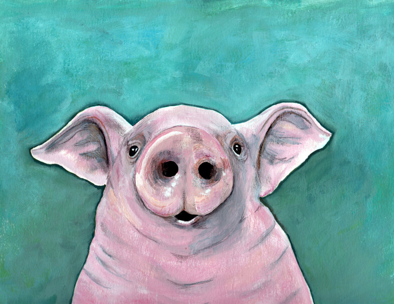 1280x989 Happy Pig Painting, Smiling Pig Watercolor, - Colorful Pig Painting