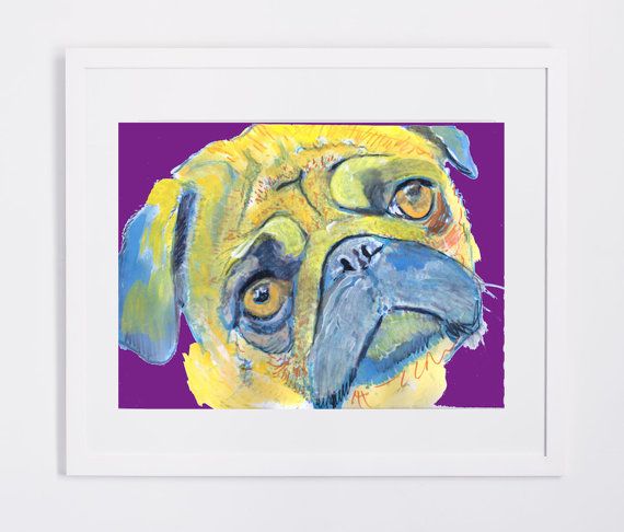 570x486 Pug Dog Painting Print, Colorful Pug, Colourful Yellow Purple Pug - Colorful Pug Painting