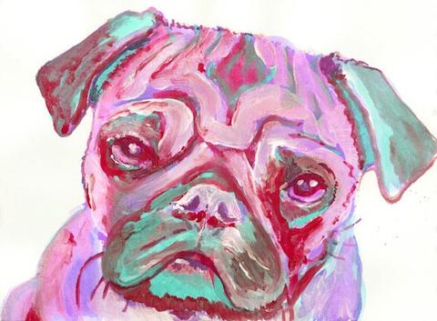 480x353 Pug Wall Art, Pug Print, Pink Pug Painting, Pug Mom Gift, Pug - Colorful Pug Painting