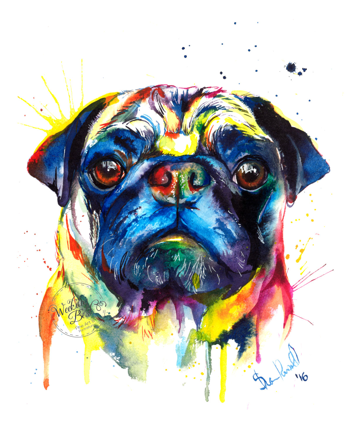 1212x1500 Colorful Pug Art Print Print Of My Original Watercolor - Colorful Pug Painting
