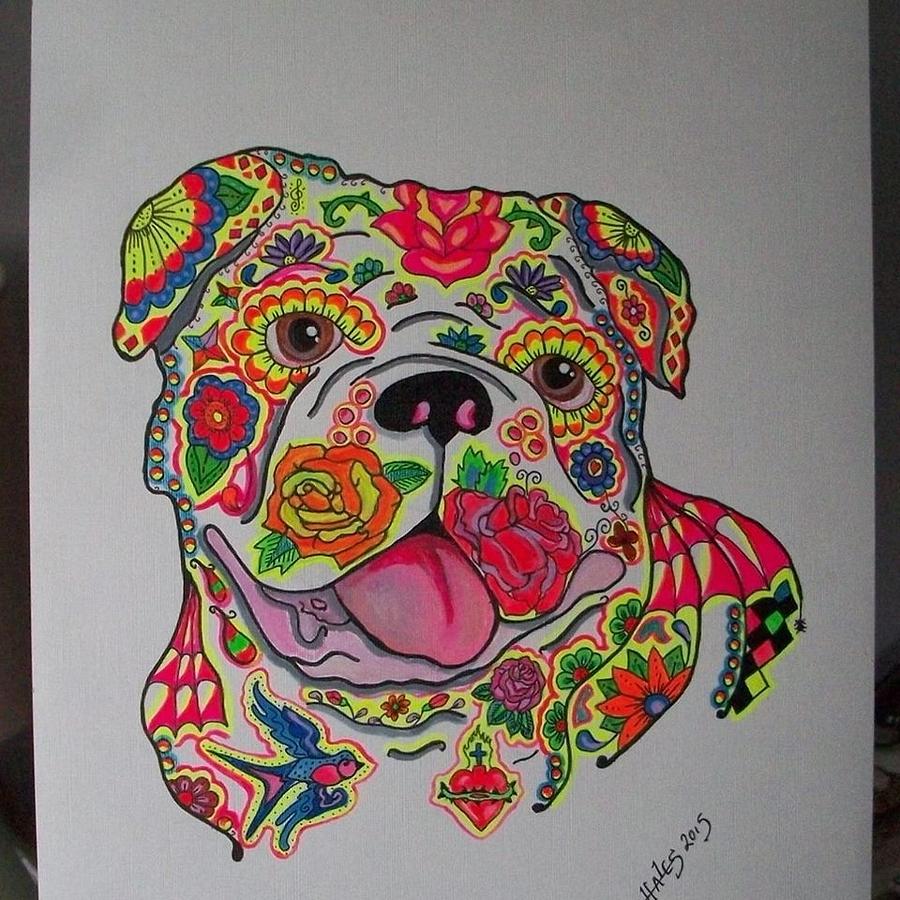 900x900 English Bulldog Sugar Skull Tattoo Style Painting By Teresa Hales - Colorful Skull Painting