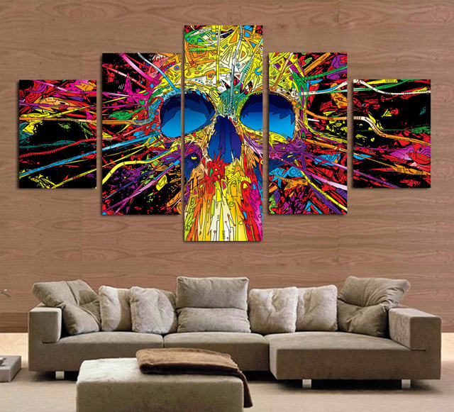 640x581 Hd Printed 5 Piece Canvas Art Colorful Skull Skeleton Abstract - Colorful Skull Painting