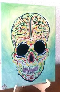 195x300 Original Signed Acrylic Fantasy Phsychedelic Colorful Skull - Colorful Skull Painting