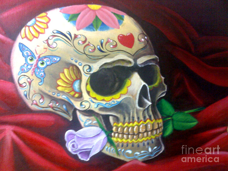 900x675 Sugar Skull Painting By Daniel Lezama - Colorful Skull Painting