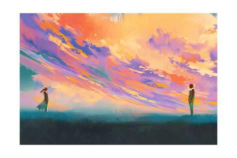 473x315 Man And Woman Standing Opposite Of Each Other Against Colorful Sky - Colorful Sky Painting