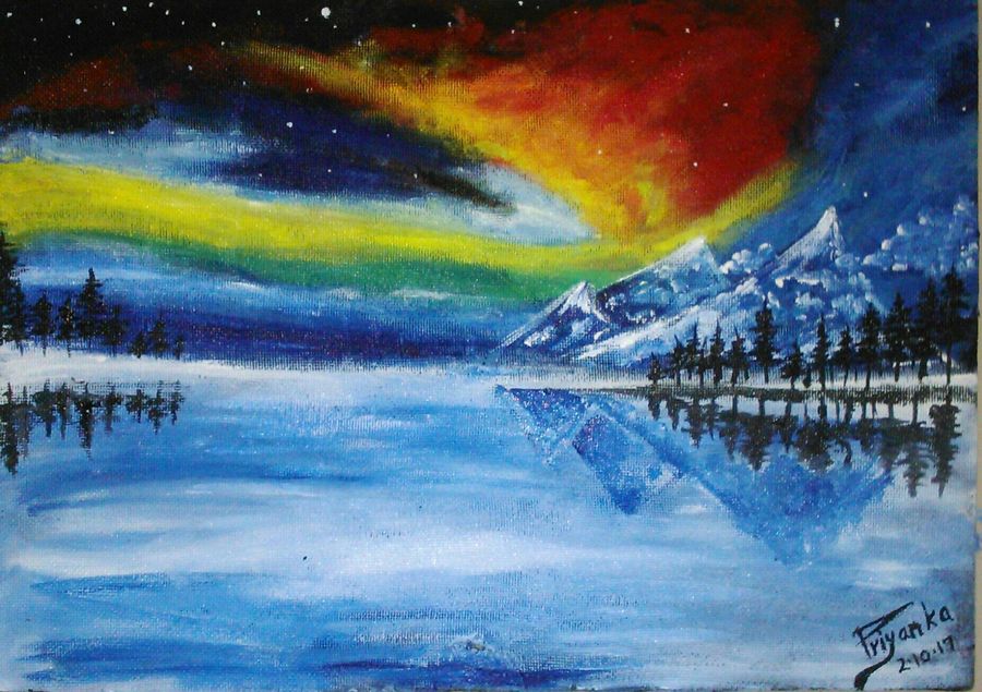 900x635 Snowy Mountains And The Colorful Night Sky Painting By Artist - Colorful Sky Painting