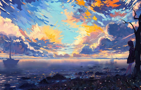 596x380 Wallpaper Colorful, Sky, Clouds, Lake, Tree, Mood, Painting - Colorful Sky Painting