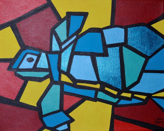 570x456 Cubism Turtle Painting, Colorful Acrylic Painting, 8x10 Inch - Colorful Turtle Painting