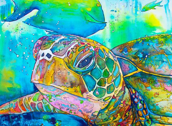 570x419 Turtle Coastal Decor Sea Turtle Painting Water Colors - Colorful Turtle Painting
