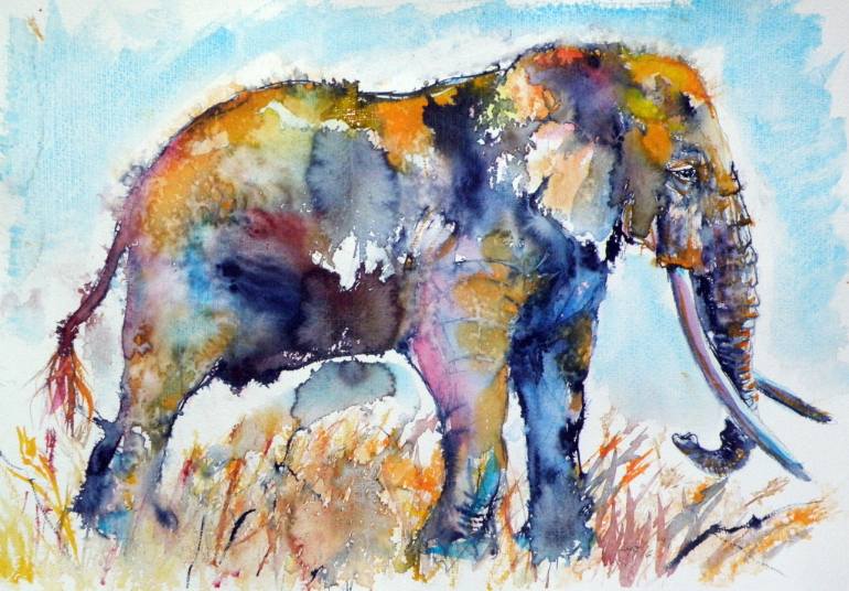 770x536 Saatchi Art Colorful Elephant Ii Painting By Kovacs Anna Brigitta - Colorful Watercolor Elephant Painting