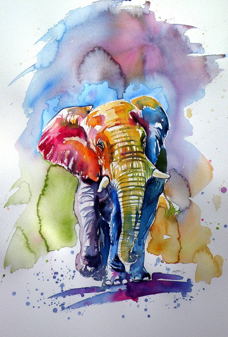 770x1140 Saatchi Art Colorful Elephant Painting By Kovacs Anna Brigitta - Colorful Watercolor Elephant Painting