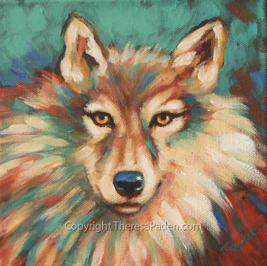 864x860 Paintings By Theresa Paden Wolf Painting In Southwest Colors By - Colorful Wolf Painting