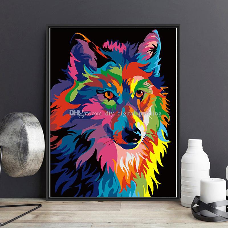800x800 Ful Wolf Diy Oil Painting By Numbers Kits Wall Art Painting Home - Colorful Wolf Painting