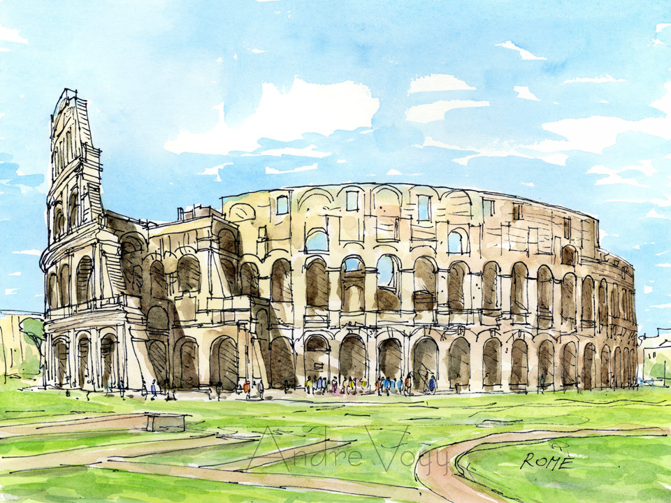 960x720 Rome Colosseum Art Print From Original Watercolor Painting - Colosseum Painting