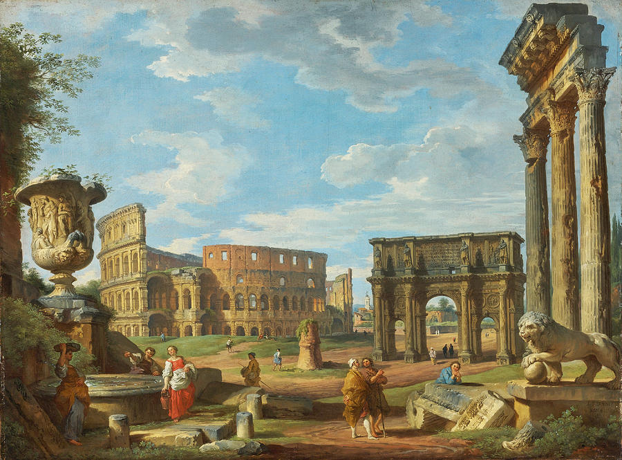 900x665 Capricio Roman Monuments With The Colosseum And Arch - Colosseum Painting