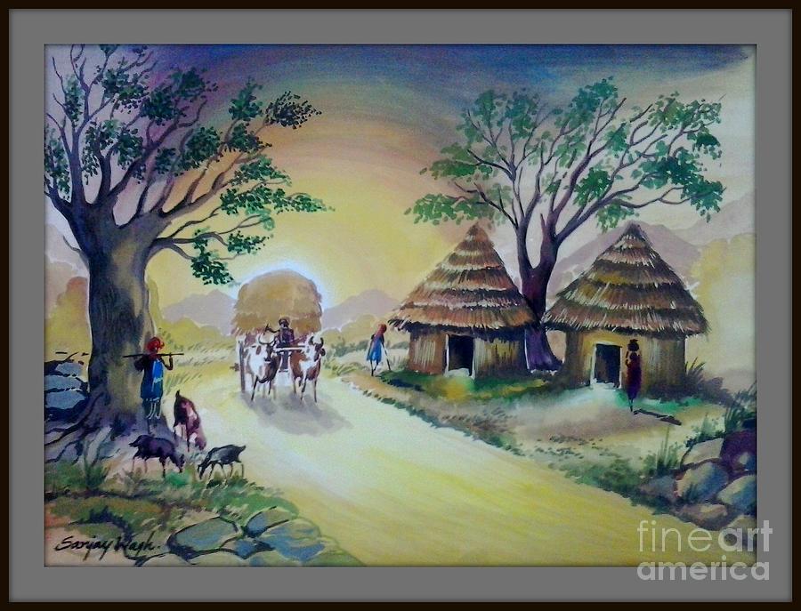 900x687 Village Life Poster Colour Painting Painting By Sanjay Wagh - Colour Painting Images