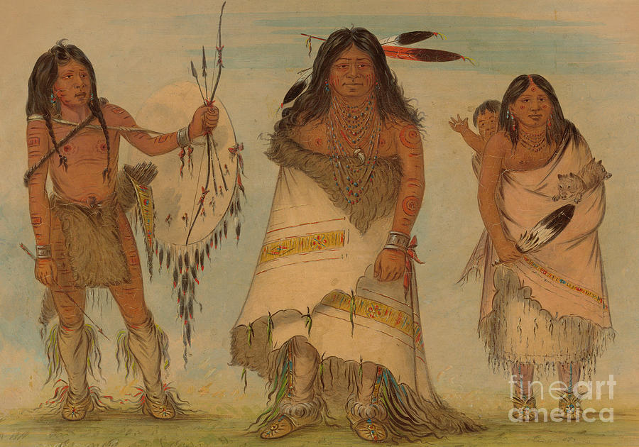 900x630 Comanche Chief, His Wife And A Warrior, 1861 Painting By George Catlin - Comanche Warrior Painting